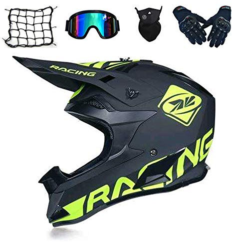 MRDEAR Motocross BMX Helm Matt Schwarz Motorrad Crosshelm Enduro MTB Helm Fullface Fahrrad Helm Cross Helm Motorradhelm Set mit Brille Handschuhe Maske Motorrad Netz - Großer Visieröffnung,B,M