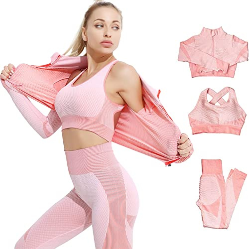 Veriliss Tracksuit For Women,3pcs Outfits Workout Joggers Yoga Gym Sportswear Leggings And Stretch Sports Bra Jumpsuits Clothes Sets (Pink, L)