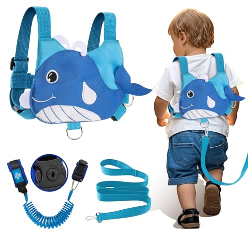Lehoo Castle Baby Reins, 4 in 1 Toddler Reins for Walking 1-3 Years with Anti Lost Wrist Link, Reins for Toddlers Boys Girls with Safety Harness - Whale Blue