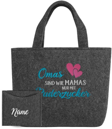 AMBERGER DESIGN Shopper Tasche für Oma - Omas sind wie Mamas nur mit Puderzucker - Filztasche meliert mit Namensdruck - Umhängetasche Geschenk Oma Muttertag, 49x39x13,5cm