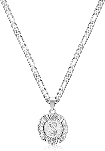 KissYan Initial Necklaces for Women, Silver Round Letter Pendant White Gold Capital Monogram Necklace Alphabets from A-Z Figaro Chain Jewelry(White Gold S)