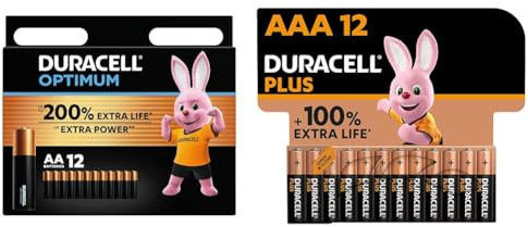 Duracell Optimum AA Alkaline Batteries [Pack of 12] 1.5 V LR6 MX1500 & Plus AAA Alkaline Batteries [Pack of 12], 1.5V LR03 MN2400