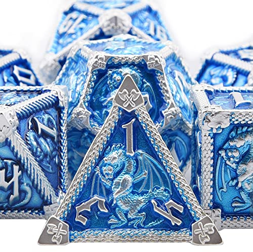 SIQUK 7 Pièces Dés Jeu de Role Métal Dés Polyédriques Métal Jeu de Dés D20 D12 D10 D% D8 D6 D4 pour RPG Donjons et Dragons, Bleu Ciel