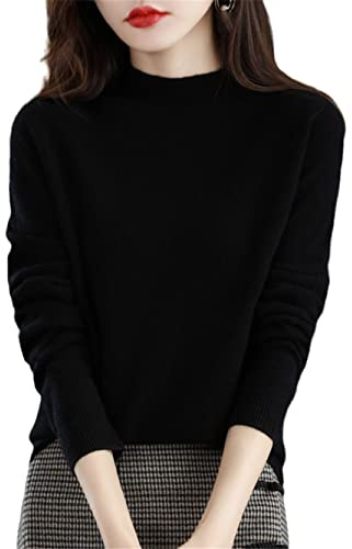 Youllyuu 100% Pure Merino Wool Mock Neck Pullover Cashmere Seamless Sweater Woman Knitted Jumper Tops Black M