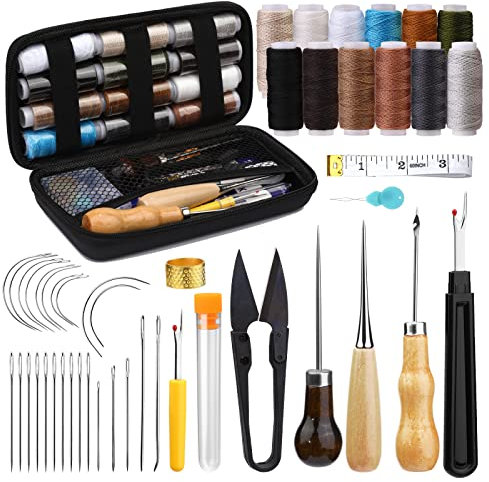 Leder-Nähset, Polsterreparaturset, 48-teiliges Hochleistungs-Nähset mit Nähnadeln, Nähahle, Nahttrenner, Nähgarn für Reparaturen, Handnähen, DIY-Lederhandwerk