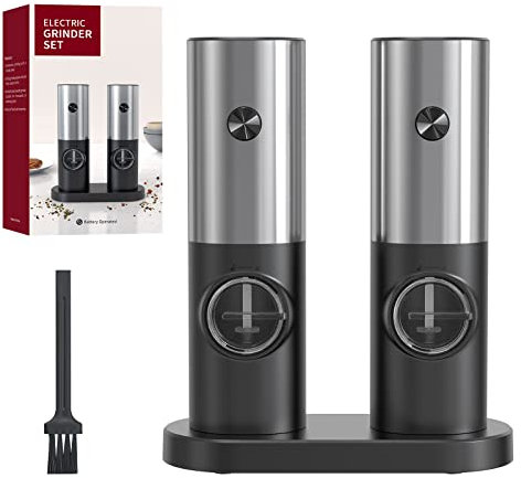 CIRCLE JOY Salz und Pfeffermühlen Elektrische 2er Set Batteriebetriebenen Gewürzmühle mit Basis, Weißem LED-Licht und Einstellbarer Grobheit, Silber Schwarz