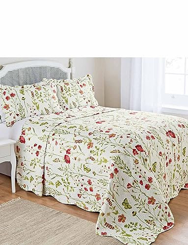 Emma Barclay Poppies Quilted Bedspread Throwover Floral White Poppy Bedding (Double)