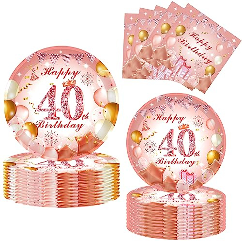 52 Pièces 40e Assiettes Et Serviettes En Papier Or Rose, 16 Invités Vaisselle De Fête Rose Et Or, Assiettes En Papier Et Serviettes Pour Femmes Fournitures De Fête 40e Anniversaire