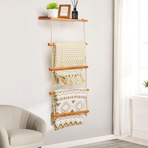 Gomyrod 5-Layer Wooden Blanket & Towel Holder Ladder, 2-in-1 Decorative Quilt Rack, Storage Ladder for Bathroom, Living Room & Bedroom