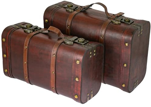 HMF Cofre del tesoro de madera, Baúl grande con cierres de presión, Maleta vintage decorativa para cumpleaños infantil, boda o aniversario | Set de 2, 40 + 45 cm | Perú
