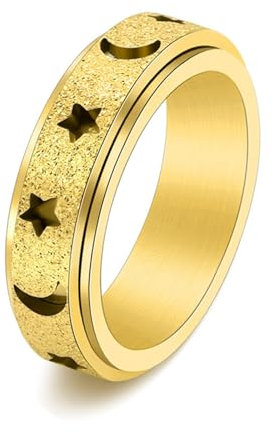 Skcess Edelstahl Herren Ring, Ringe für Herren Gold Sternmond Drehbar Ringe für Herren Männer Größe 54 (17.2)