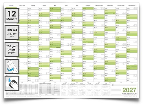Kalenderoutlet DIN A3 abwischbarer Wandkalender 2027 gerollt 42,0x29,7cm groß Wandplaner ist feucht korrigierbar, Jahresplaner 2027 in deutscher Sprache