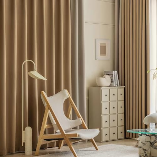 Ayoiow Schlafzimmer Vorhänge Blickdicht, Thermo Vorhänge Mit Ösen, Polyester Baumwolle Gardinen Vorhang 2Er Set, Hellbraun Und Creme, 107X244CM