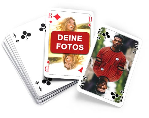 MEINSPIEL - Personalisiertes Poker-Kartendeck - Eigene Fotos auf Vorder- und Rückseiten - Exklusives Foto-Geschenk für Erwachsene - Französisches Blatt - 52 Spielkarten inkl. Kartenbox