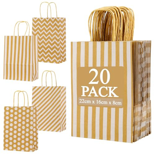 Farnirvana 20 Pcs Sac en Papier Kraft, 22×16×8 cm Marron Sacs Cadeaux avec poignée Sac Cadeau Sachet bonbons anniversaire pour anniversaire enfant Fêtes, Fête de mariage, Noë, Halloween, Shopping