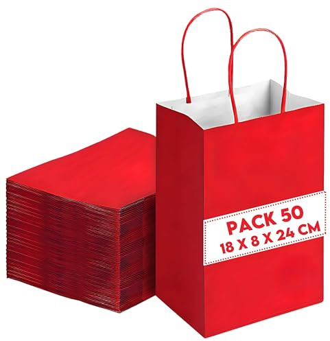50 Geschenktüten aus Kraftpapier, rot, 18 x 8 x 24 cm – Geschenktasche zum Geburtstag – Geschenktasche mit gedrehten Griffen, ideal für Geschenkverpackungen, Feiern, Weihnachten, Hochzeit, Party