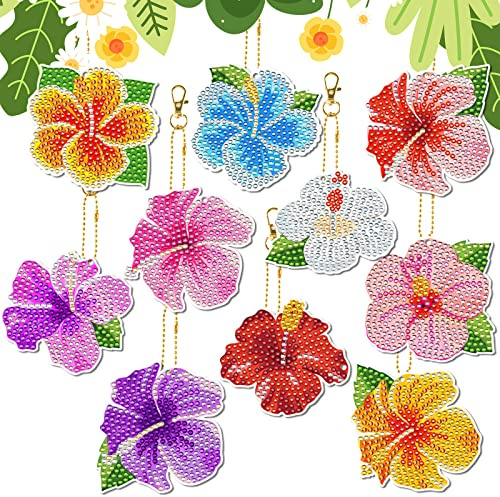 Fsnjcz 10 Stück Tropische Blume Diamant Malerei Schlüsselanhänger Hawaiian Hibiskus Diamant Kunst Schlüsselanhänger