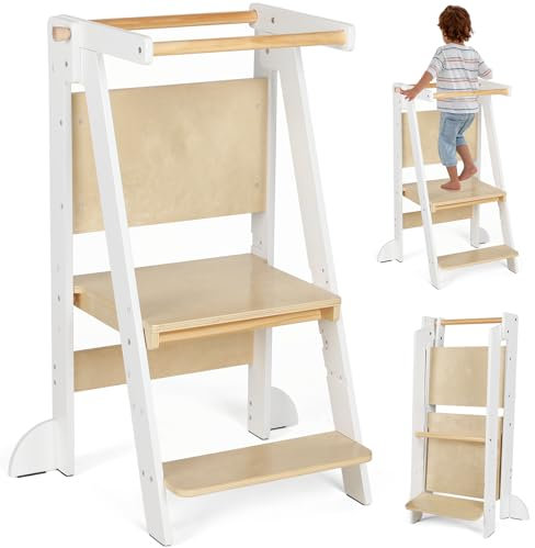 KIDINIX Foldable Learning Tower, Height Adjustable Toddler Step Ladder with Safety Rails, Wooden Kitchen Tower with Blackboard for Kids 1-6 Years, Safety Design and Space saving, Natural & White