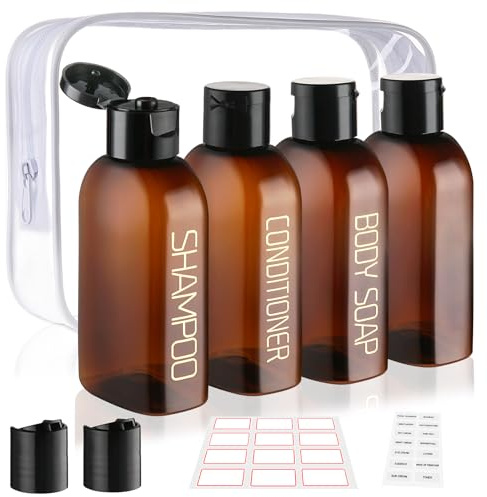 Decorniqu Travel Bottles for Toiletries 4 PCS 100ml Leak Proof Containers | Pre-Printed Shampoo, Conditioner, Body Soap, TSA Approved, Reusable, Plastic Squeeze Bottles with Flip Cap, Toiletry Bag