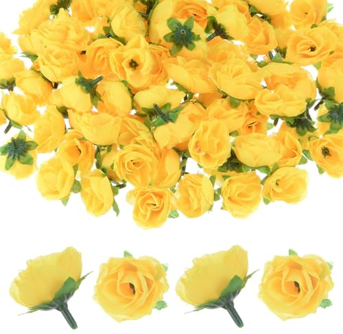M METERXITY 50-Pack Artificial Roses Heads, 1.2 Inch Small Silk Faux Rose Head for Wedding/Bouquet/Party Decorations, Fake Bloom Flower Heads Buds [Yellow]