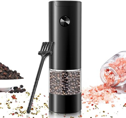 Aongray Molinillo eléctrico de sal y pimienta, funcionamiento con una sola mano, funciona con pilas, molinillo de especias de acero inoxidable con luz LED, grosor ajustable, molinillo de cerámica (1