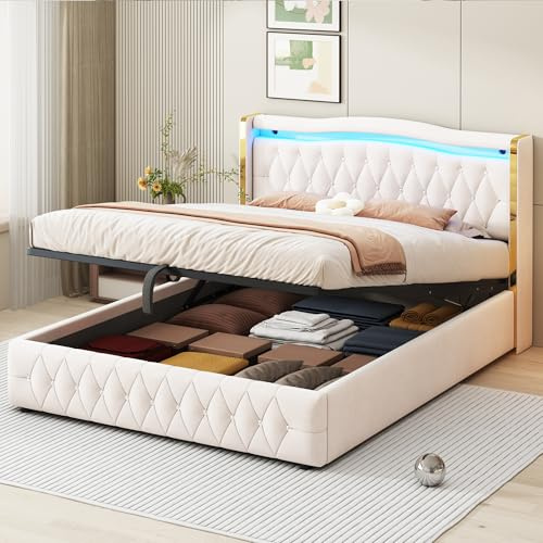 Ymkua Polsterbett Doppelbett 160x200 cm, Jugendbett Stauraumbett mit Stauraum und LED-Beleuchtung, Hydraulisch Bett Bettgestell mit Kopfteil, Funktionsbett mit Lattenrost, Samt, Beige, Ohne Matratze
