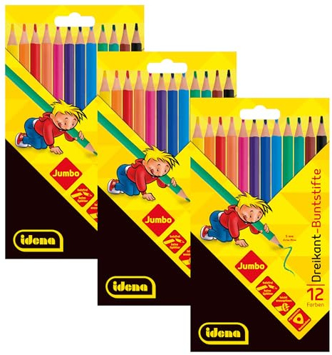 Idena 90273 - Jumbo Buntstifte mit 5 mm Dicker Mine in 12 Farben, 3 Packungen mit je 12 Stück holzfreien Farbstiften in ergonomischer Dreiecksform, verpackt im Kartonetui
