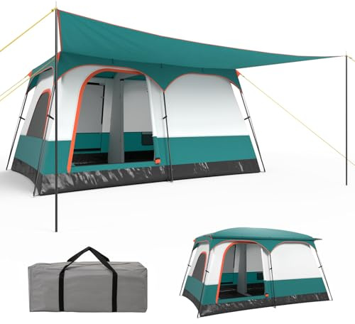 GYMAX Tente Camping Grande avec Auvent et Toit de Lucarne (6-8 Personnes) | 2 Chambres Séparées, Bâche Anti-Pluie Amovible, Portes et Fenêtres Enroulable, pour Extérieur Concerts, Pique