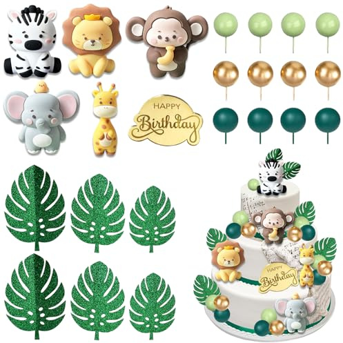 Decorazioni Torta Giungla Animali 27 Pezzi Palline Decorative Per Torte Cake Topper Safari Topper Torta Tema Bosco Decorazione Torte Foresta Foglie per Bambini Compleanno Feste