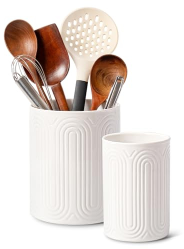 INSETLAN Keramik Küchenutensilienhalter 2er Set, Utensilienhalter für Arbeitsplatte mit Bogen-Design zur Aufbewahrung von Besteck Kochlöffeln und Küchenzubehör