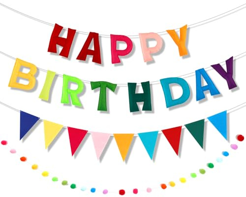 lasuroa Striscione di Buon Compleanno in Feltro Set, Arcobaleno Ghirlanda di Palline Bandierina in Feltro Pre-Infilato Decorazioni per Feste Compleanno per Bambini Bambine e Bambini Donne e Uomini