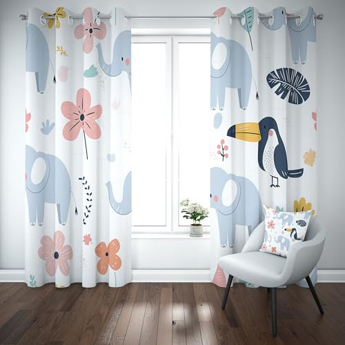 Kioldoq Elefant Tukan Blackout Vorhang 2er Set 245x140cm, Cartoon Tier Thermovorhang Kälteschutz, Blickdichte Vorhänge Wohnzimmer, Niedlich Kind Vorhang Schlafzimmer Mit Ösen