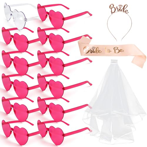 15 Stück JGA Accessoires Frauen, Bride to Be Herz Brille Set, Herz Sonnenbrille, JGA Braut Schleier, Schärpe, Haarreif, JGA Deko Frauen für Junggesellenabschied Brautparty und Hochzeitsfotografie