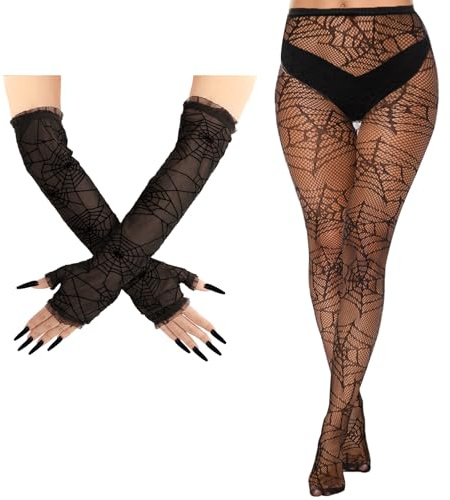 HaiFafafaing Strumpfhose Spinnennetz Spinnen Hexenkostüm Gothic | Halloween Damen Hexe Kostüm Accessoires, Spinnenhandschuhe für Frauen, Halloween-Hexenkostüm-Accessoires