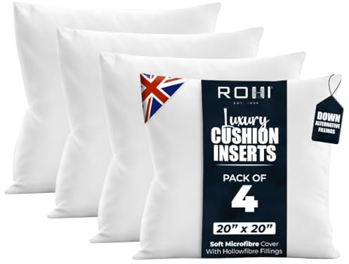Rohi Pack of 4 Premium Microfibre Cushion Inserts 50cm x 50cm | 20x20 inch – Soft & Plump Down Alternative Filled Cushions Inner Pad – Breathable & Hypoallergenic Cushion Pads Set of 4 - White