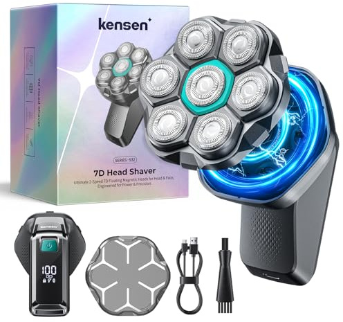 kensen Afeitadora Cabeza Hombre, Maquina Afeitar Hombre para Calvo, 7D Cabezales Maquina para Afeitar Cabeza en Seco y Húmedo con Pantalla LED, 100 mins Uso, IPX6 Impermeable, USB-C, 8100/8500RPM