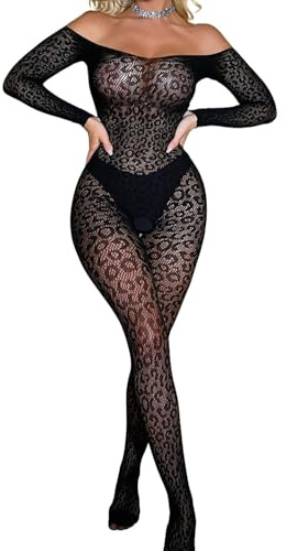 ROSVAJFY Women's Fishnet Leopard Lace Bodystocking Tights Sheer Mesh Long Sleeves Jumpsuit One-Piece Bodysuit Cut-Out Back Rave Nightclub Sexy Lingerie Costume Black XS-XL (Black3)