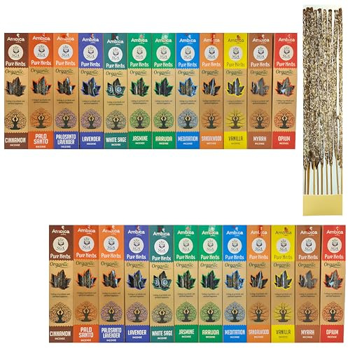 Incienso Natural SGA, Incienso Orgánico sin Tóxicos, 12 x 35Gramos, Cajetillas Diferentes y aleatorios Que Puede Incluir: Salvia Blanca, Sándalo, Ámbar, Lavanda o Nag Champa Hecho a Mano (SGA)