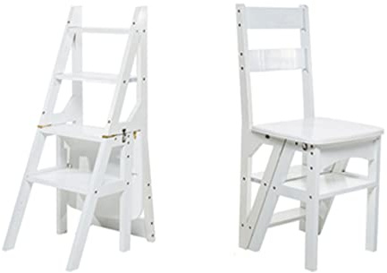 LWJSOCP Sgabello Pieghevole Multifunzionale in Legno a 4 gradini per casa, Biblioteca, Ufficio, Sedia Portatile con Scala, Colore Bianco