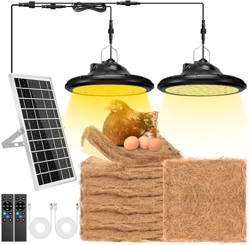 Grinsvalley 2 in 1 Solar Chicken Coop Light with Timer 6 Pcs Nesting Pads, Hanging Ceiling Pendant Heating Light for Poultry Farms Rechargeable Waterproof Solar Shed Lights for Bullpen Pig Yard Patio