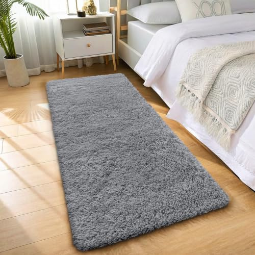 smiry Fluffy High Pile Runner Rugs Bedside Carpet 80x150 cm, Grey | 3.5cm-Pile Extra Soft Machine Washable Area Rugs, Thick Foam Anti-Slip Backing, Shaggy Home Decor for Bedroom Nursery Office