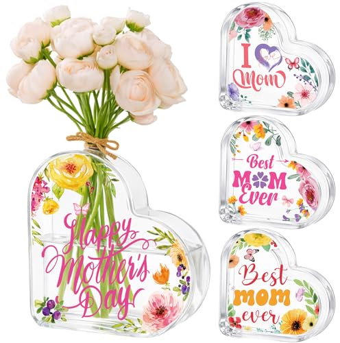 Hushee 4 Pcs Mother's Day Acrylic Gifts Heart Flower Vase for Best Mom Ever Gift Clear Heart Shaped Decoration Vase for Mother's Day Birthday Bouquet Decor for Women Grandma Bookshelf Home Table Decor