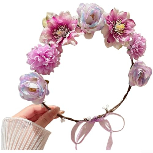 ZWEquipint Blommigt pannband för kvinnor, boho blomkrona med konstgjorda vinstockar, mjukt handgjort hårtillbehör för vår sommar fotograferingar och fester, rosa vitt guld blå (E)
