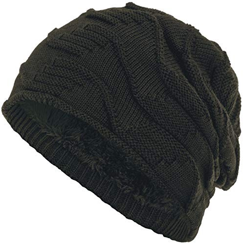 Compagno Mütze warm gefütterte Wintermütze Elegantes Strickmuster Beanie Einheitsgröße, Farbe:Oliv