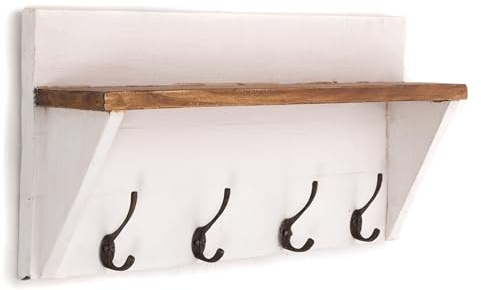 DESIGN DELIGHTS RUSTIKALE WANDGARDEROBE MIT REGAL VINTAGE | 60x26x10cm (BxHxT), Recyclingholz | Wandregal mit 8 Kleiderhaken, Flurgarderobe, Hakenleiste | Farbe: 06 weiß-landhaus