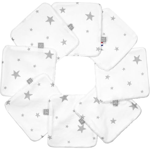 SEVIRA KIDS | Lingettes bébé lavables en 100% coton 8 pièces, STELLA - 10x10 cm Blanc - Made in France