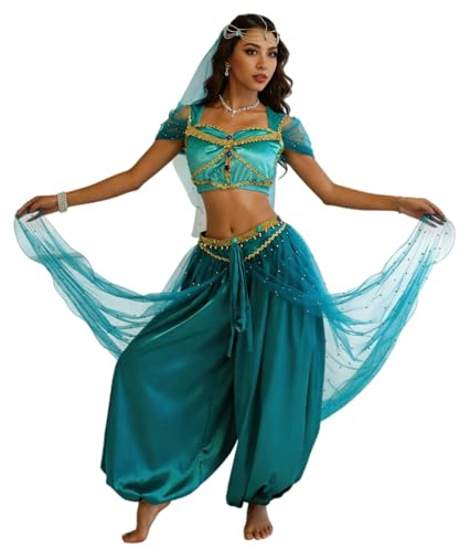 MISI CHAO Belly Dance Jasmine Costume - Aladdin Halloween Outfit Princess Costumes Teal for Women/Girls