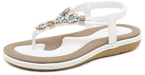 ZOEASHLEY Sandalen Damen Sommer Flache Zehentrenner Sandaletten Bohemian Flip Flops Weiß08 41