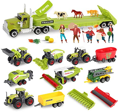 Oriate Kids Farm Toys Realistic Tractor Vehicle Playset, ABS Plastic & Diecast Car Set Educational Mini Farm Animals with Flatbed Trailer, Farming Birthday Gift for Children 3+ Year Old