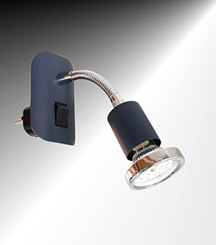 Trango 11-055 LED Steckerleuchte im Anthrazit-Schwarz mit Deko-Chrom Ring, Steckerlicht, Nachtlicht inkl. je 1x GU10 3000K warmweiß LED Leuchtmittel & ON/OFF Schalter Leselampe, Wandlampe